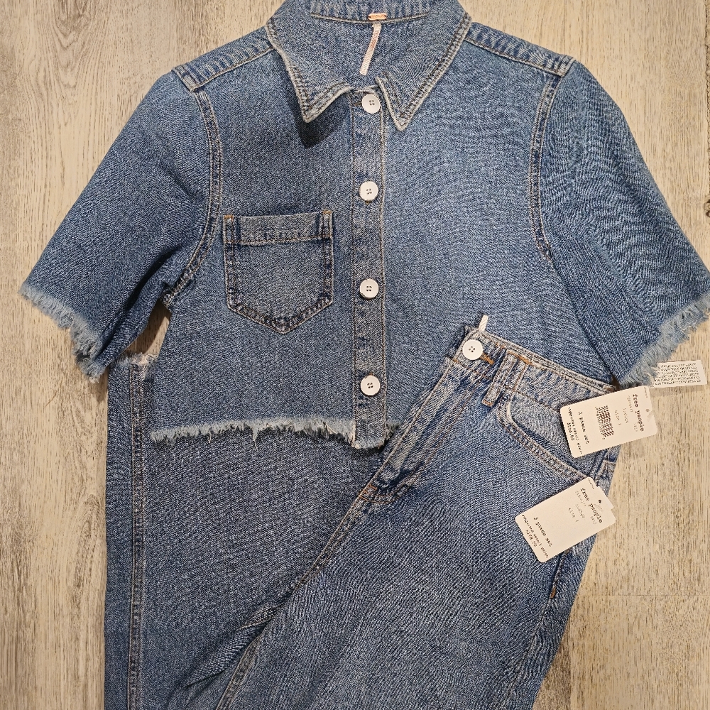 Free People Blue Denim Wide Leg Set